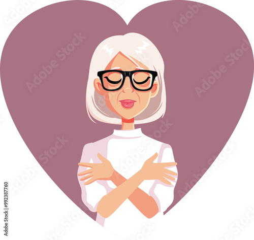 Woman Gracefully Aging with Self-Acceptance Vector Character Design. Happy mature lady feeling good about herself finding inner peace 
