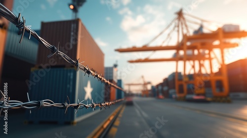 Cargo containers stacked at a shipping port during sunset.