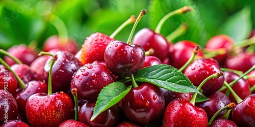 Wallpaper Mural A Close-up of Juicy Red Cherries Covered in Dew Drops, Nestled Amongst Lush Green Leaves Torontodigital.ca