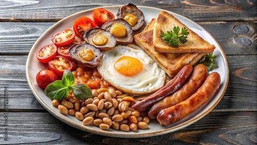 A hearty full English breakfast with fried egg, sausages, baked beans, grilled tomatoes, mushrooms, and toast