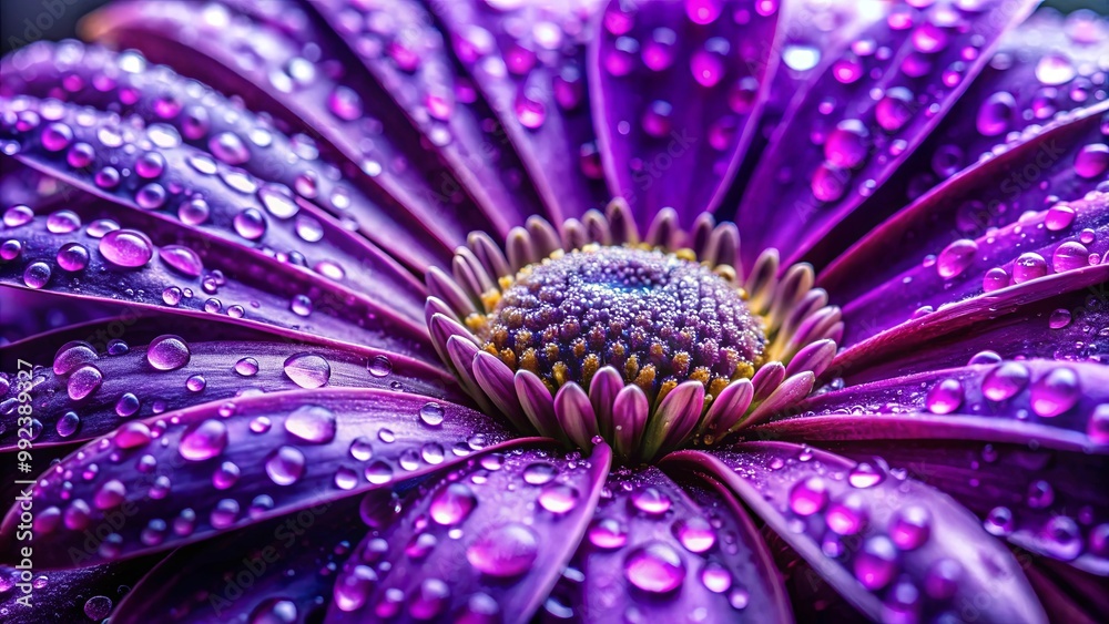Obraz premium A macro shot of a vibrant purple flower with water droplets on its petals, showcasing the delicate beauty of nature's details.