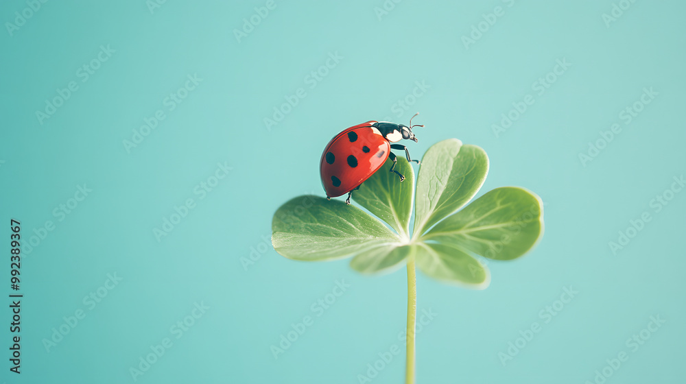 Obraz premium Lady bug sitting on top of Clover leaf, Macro shot, against a pastel blue background