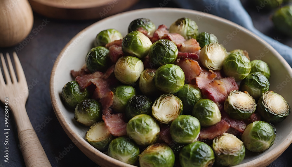 roasted brussel sprouts with crispy bacon in a bowl roasted brussel sprouts with crispy bacon in a bowl