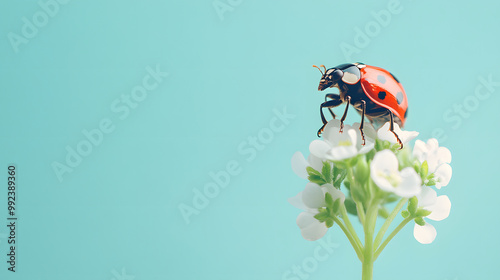 Macro photo of a red ladybug with black spots on a white little flowers in blue pastel background photo