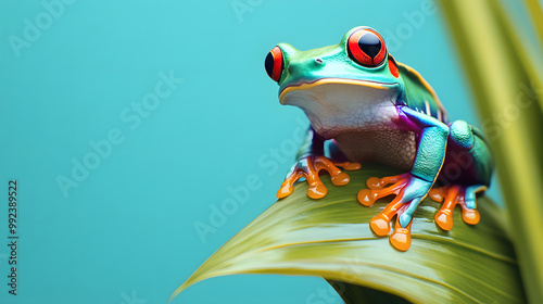 Red-eyed tree frog perched on a green leaf, cute and colorful