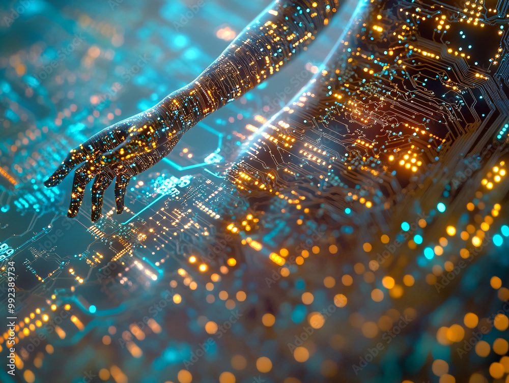abstract futuristic circuit board with glowing hand - blue and yellow colors - technology, science, and cyber concept - stock photo abstract futuristic circuit board with glowing hand - blue and yellow colors - technology, science, and cyber concept - stock photo