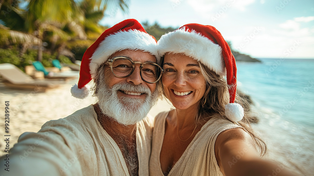Obraz premium Beautiful elderly couple with Santa hats on their heads take a selfie while traveling against the backdrop of a beautiful tropical beach with palm trees and blue ocean.