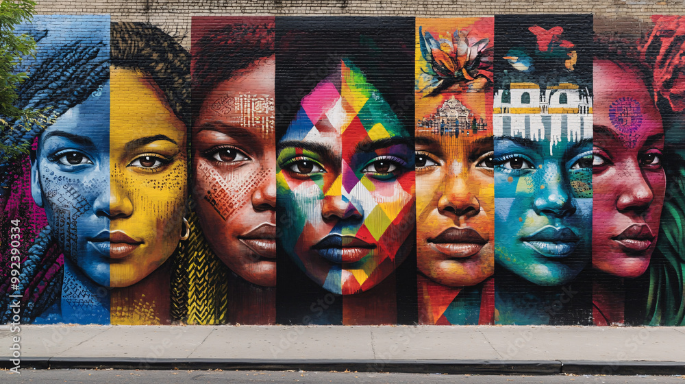 Obraz premium colorful street art mural of women's faces in new york city