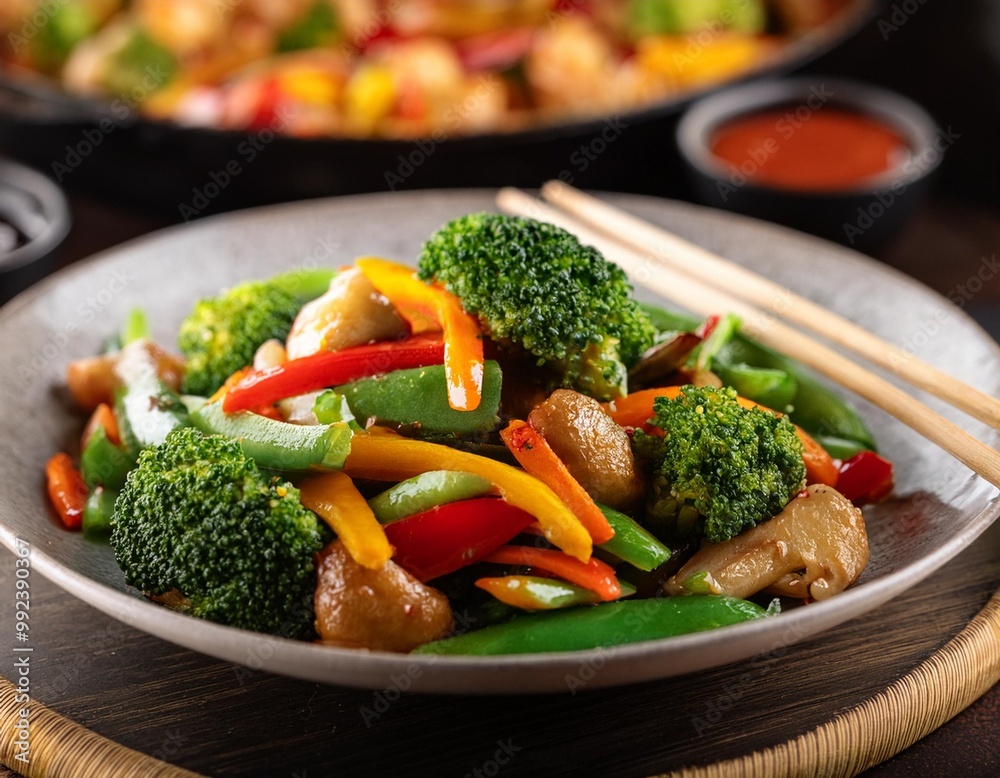 Delicious dinner stir-fries with depth of field featuring fresh vegetables and savory sauces Delicious dinner stir-fries with depth of field featuring fresh vegetables and savory sauces