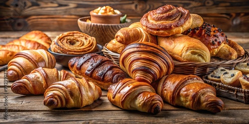 A Rustic Gathering of Freshly Baked Croissants and Pastries, Displayed in a Basket and on a Wooden Table