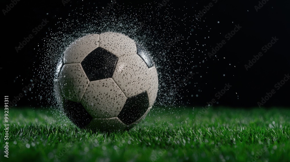 Naklejka premium soccer ball on wet grass at night