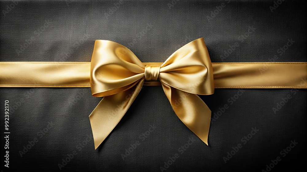 A gold ribbon tied in a bow on a dark, textured fabric background. A gold ribbon tied in a bow on a dark, textured fabric background.