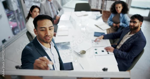 Presentation, boardroom and man with smile, writing for ai to analyze financial risk with data scientist. Speaker, pitching and ideas of automatic tasks, top view and process of fraud detection