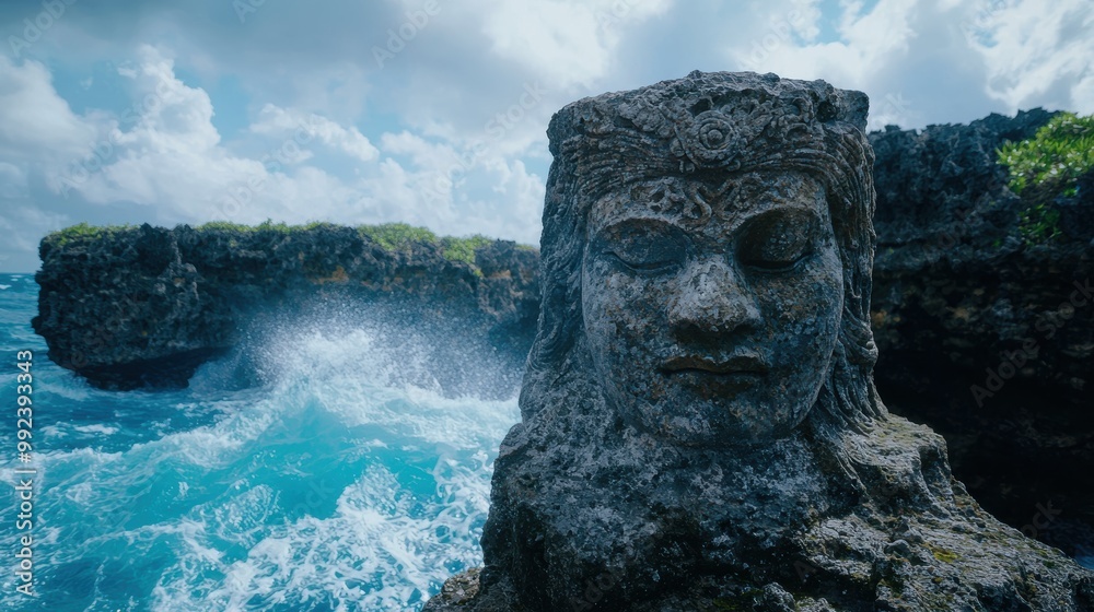 Obraz premium ancient stone face overlooking crashing waves
