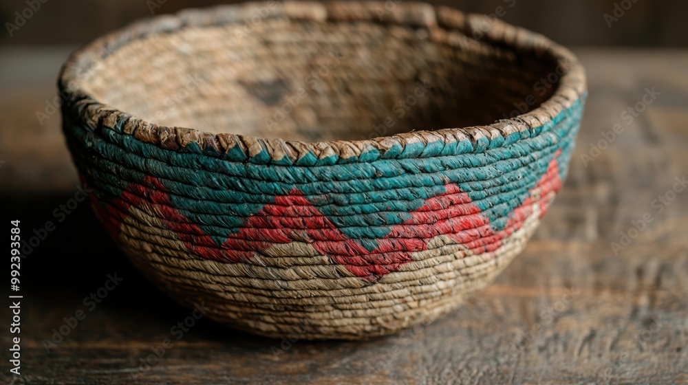Handwoven basket with vibrant colors and patterns Handwoven basket with vibrant colors and patterns