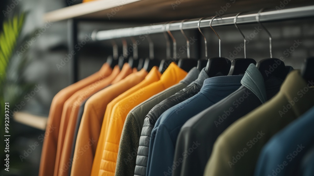 Fototapeta premium Colorful jackets hanging on a rack in a modern clothing store.