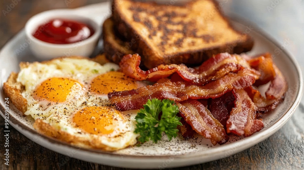 Delicious breakfast with fried eggs, bacon, and toast Delicious breakfast with fried eggs, bacon, and toast