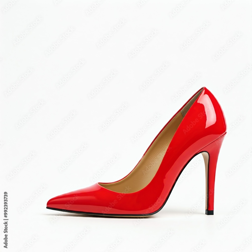 A red high-heeled shoe on a white background. A red high-heeled shoe on a white background.