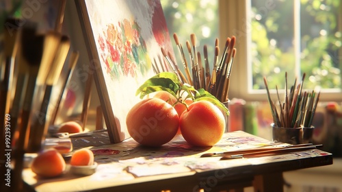 Nectarine resting an artists easel in a bright studio surrounded by paintbrushes and halffinished canvases capturing the intersection of art and nature Scientific name Prunus persica var nucipersica photo