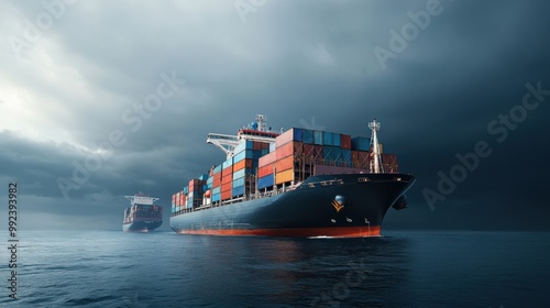 Container ship navigating through rough waters under a dramatic sky.