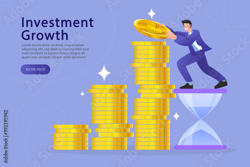 A successful investor shows long-term investment growth on this financial website banner. He builds a money coin chart on an hourglass, symbolizing a retirement savings plan and profit over time.