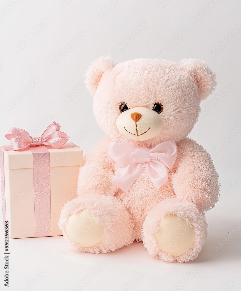 A cute pink teddy bear, sitting posture, plush texture,  plain background with birthday or Christmas present box.
