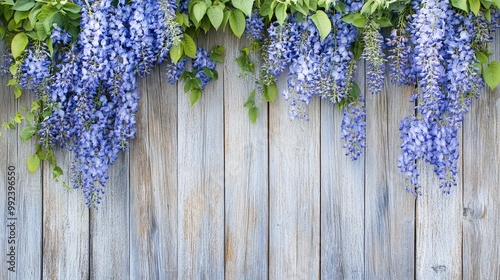A rustic wooden paling fence with blue wisteria hanging down, early spring flowers in bloom.