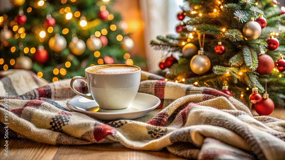 A cup of coffee sits on a cozy plaid blanket with a festive Christmas tree in the background.