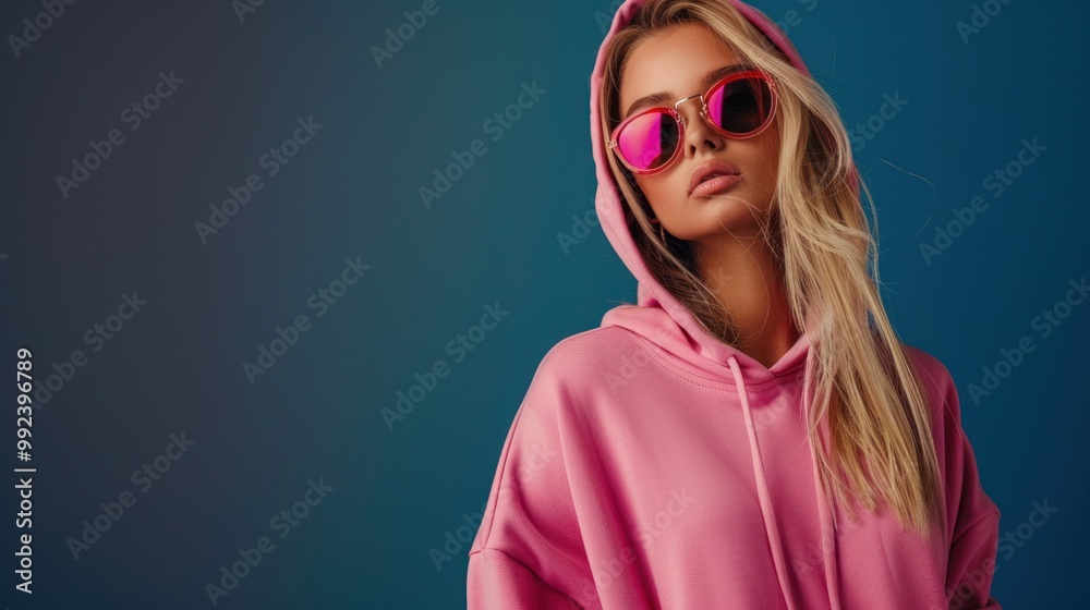 Beautiful blonde girl wearing trendy pink hoodie and sunglasses posing against dark blue background Beautiful blonde girl wearing trendy pink hoodie and sunglasses posing against dark blue background
