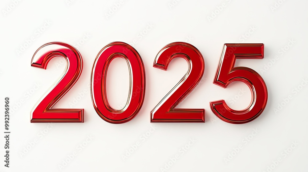 Red, gel like, 3d 2025 graphics new year banner, isolated on white background Red, gel like, 3d 2025 graphics new year banner, isolated on white background