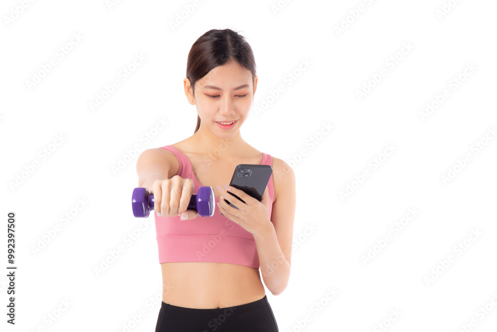 Portrait young asian woman lifting punch dumbbell and watching smartphone isolated white background, female fitness workout training holding dumbbell for muscle strong and strength, sport concept. Portrait young asian woman lifting punch dumbbell and watching smartphone isolated white background, female fitness workout training holding dumbbell for muscle strong and strength, sport concept.