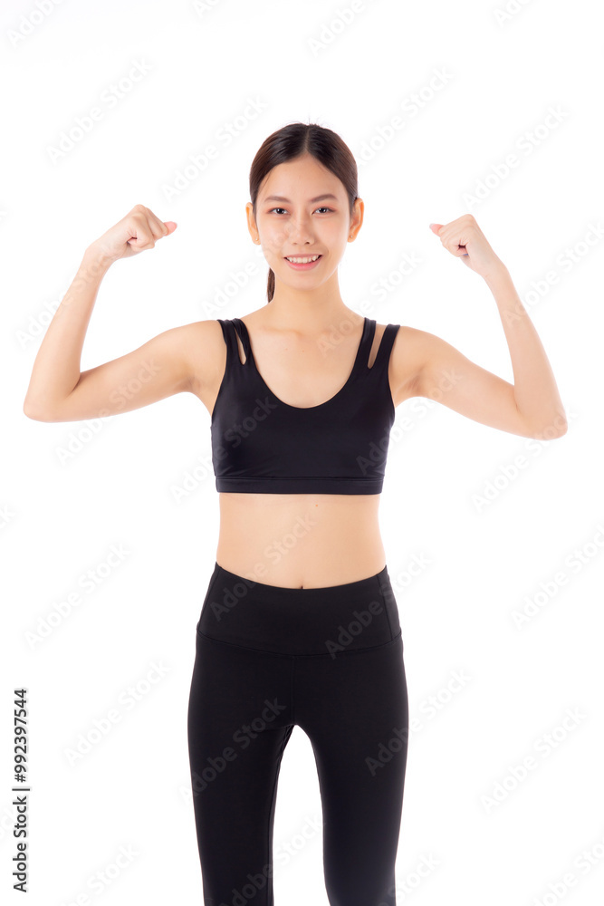 Portrait of beautiful young asian woman in sportswear showing strong muscles isolated on white background, sport and exercise for health, training and strength, female slimming with confident. Portrait of beautiful young asian woman in sportswear showing strong muscles isolated on white background, sport and exercise for health, training and strength, female slimming with confident.