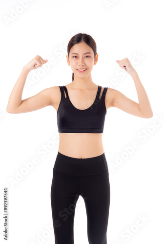 Portrait of beautiful young asian woman in sportswear showing strong muscles isolated on white background, sport and exercise for health, training and strength, female slimming with confident.