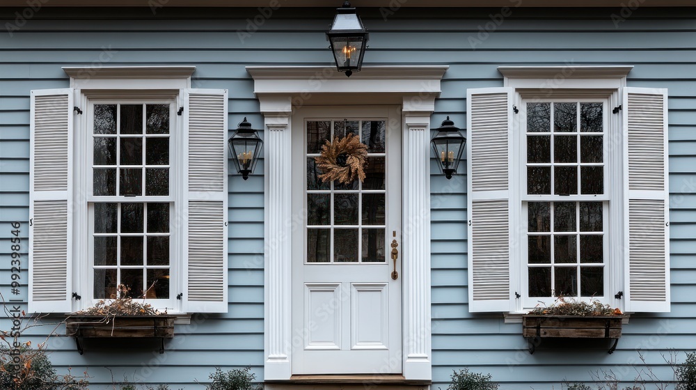 Charming blue house facade with decorative windows and door. Charming blue house facade with decorative windows and door.
