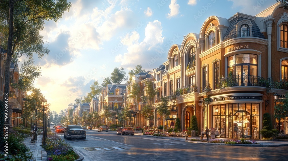 Naklejka premium A picturesque street scene with stylish shops and lush greenery.