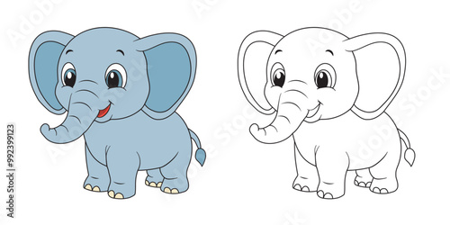 Coloring page for kids cute baby elephant. Vector illustration hand-drawn isolated on a white background.