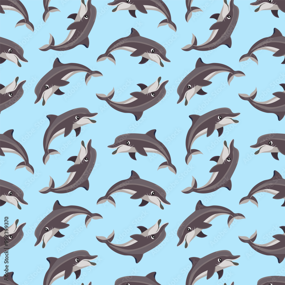 Naklejka premium Marine seamless pattern. Dolphins are hand-drawn.