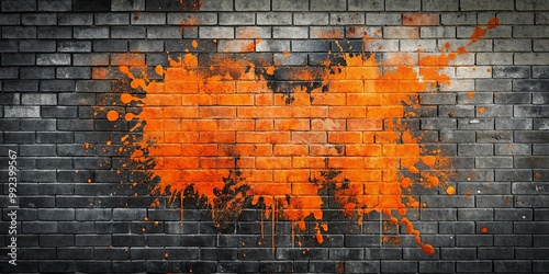 A brick wall with a large orange paint splatter creating a contrast of texture and color