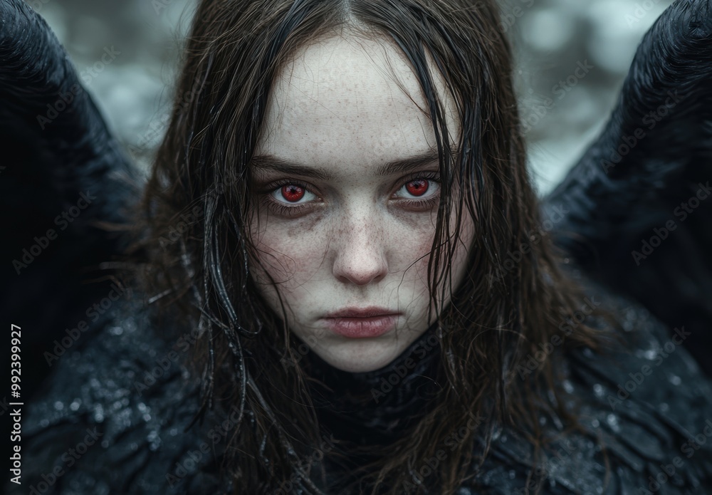Intense gaze of a young woman with red eyes in a winter landscape Intense gaze of a young woman with red eyes in a winter landscape