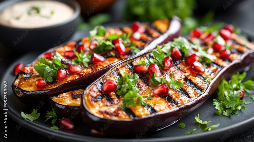 Grilled eggplants with pomegranate seeds and herbs on a dark plate. Grilled eggplants with pomegranate seeds and herbs on a dark plate.