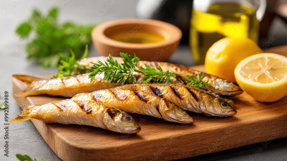 Grilled fish garnished with herbs and lemon on a wooden board, with olive oil. Grilled fish garnished with herbs and lemon on a wooden board, with olive oil.