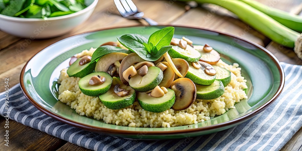 A close-up of a plate of couscous with sauteed zucchini and mushrooms, garnished with fresh basil leaves, placed on a striped napkin, ready for a delicious and healthy meal. A close-up of a plate of couscous with sauteed zucchini and mushrooms, garnished with fresh basil leaves, placed on a striped napkin, ready for a delicious and healthy meal.