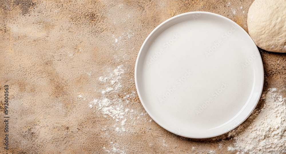 Blank white plate on a rustic wooden table with flour Blank white plate on a rustic wooden table with flour
