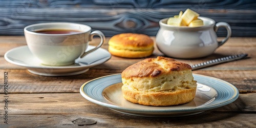 Wallpaper Mural A single golden biscuit on a blue and white plate, with a cup of tea and a bowl of butter in the background, resting on a wooden surface. Torontodigital.ca