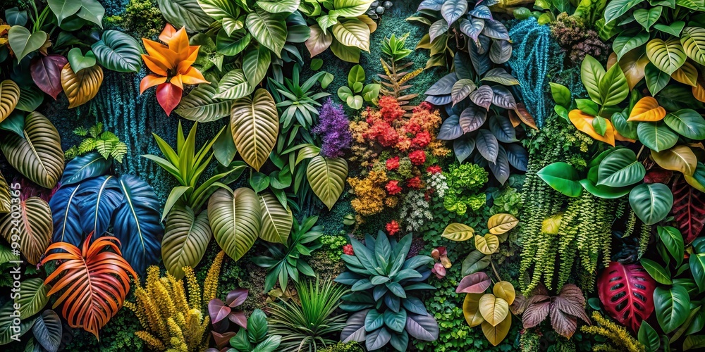 A Vibrant Wall of Tropical Foliage and Blooms, Showcasing a Symphony of Greens, Reds, Oranges, and Purples A Vibrant Wall of Tropical Foliage and Blooms, Showcasing a Symphony of Greens, Reds, Oranges, and Purples