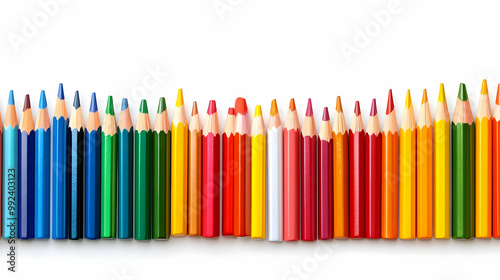 A Row of Colorful Wooden Pencils Arranged in a Spectrum of Colors on a White Background