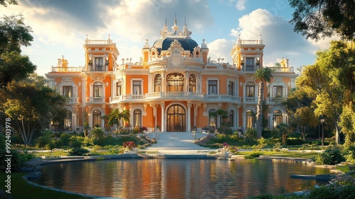 Wallpaper Mural A grand mansion surrounded by lush gardens and a serene pond. Torontodigital.ca