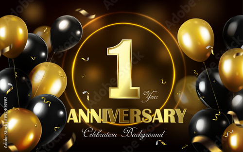1st year anniversary celebration abstract background and elegant golden and black balloons, gold 1 number anniversary celebrating  creative and modern bright banner.