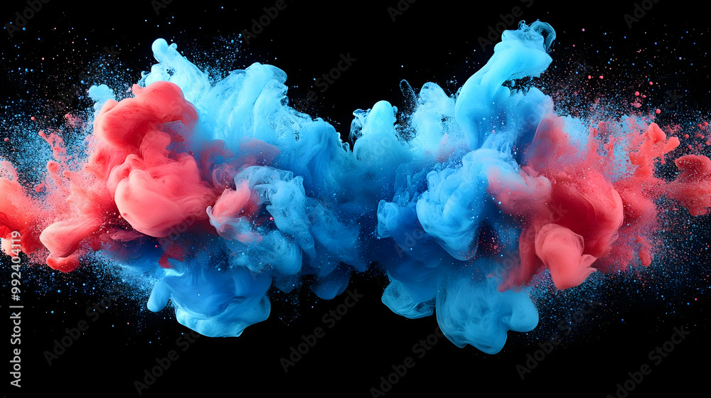 Fototapeta premium Abstract Blue and Red Ink Exploding in Water, Creating a Dramatic Visual Effect Against a Black Background