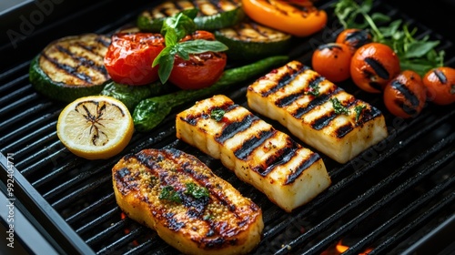 Grilled vegetables and halloumi cheese on a barbecue grill, vibrant colors. photo